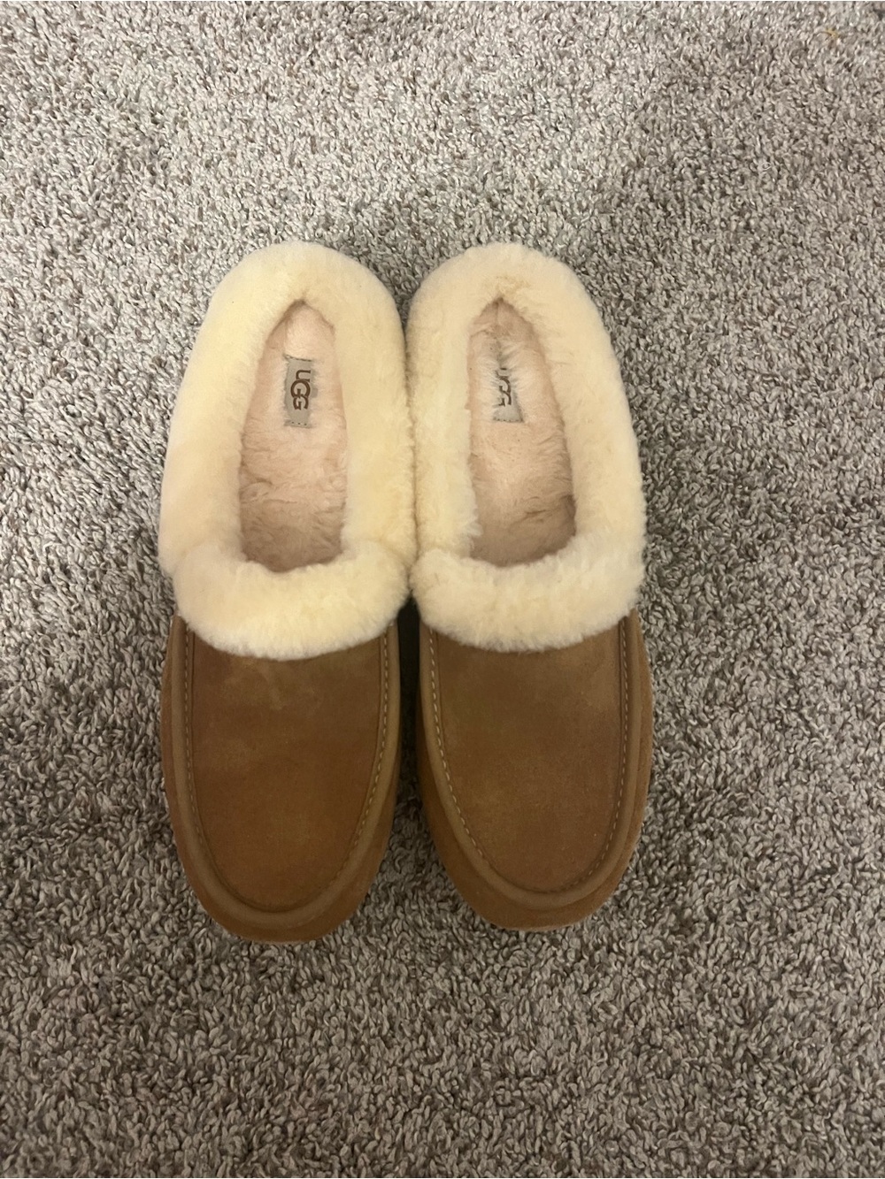 UGG Chestnut Suede Slip-On Slippers with Cream Shearling Collar